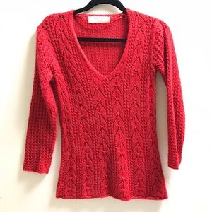 Zara Red Cable Knit Sweater V Neck Cozy Winter Size M